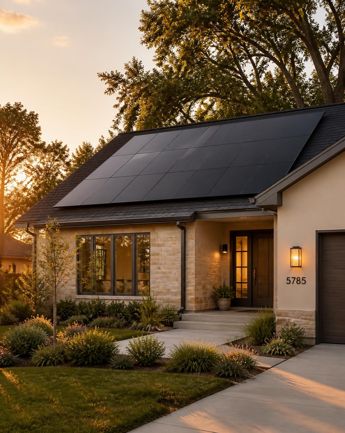 Suburban home with rooftop solar panels at golden hour